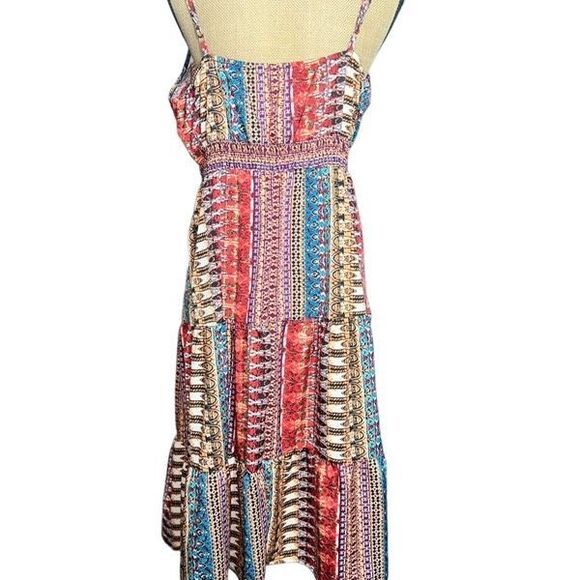 Boho Midi Sundress 1X Tiered Flowy Dress Smocked Adjustable Straps Tribal Print - Picture 5 of 14